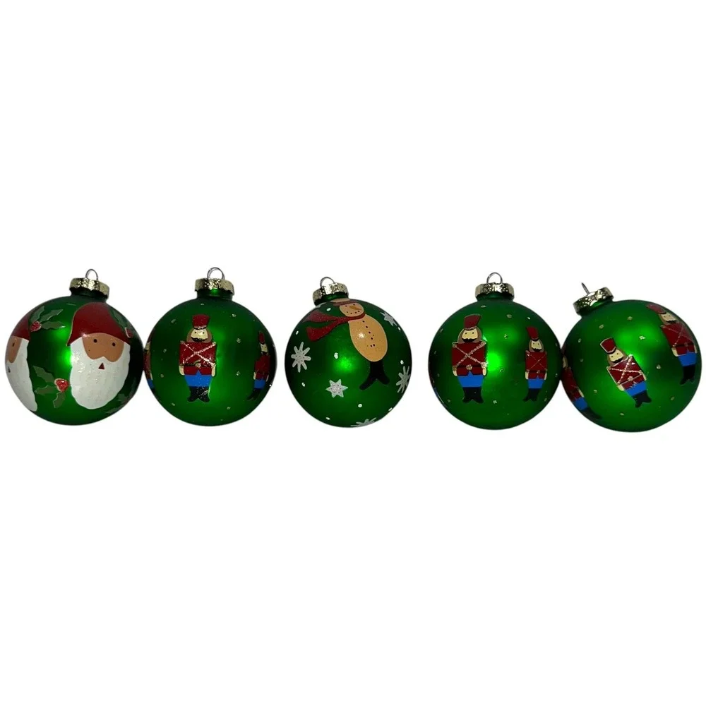Vintage Set Of‎ 5 Green Christmas Ornaments Snowman Santa Soldier Glass Balls